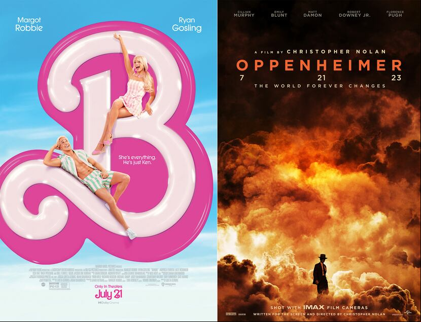 Esta combinación de imágenes muestra el arte promocional de "Barbie", a la izquierda, y "Oppenheimer", a la derecha. (Warner Bros Pictures/Universal Pictures vía AP)