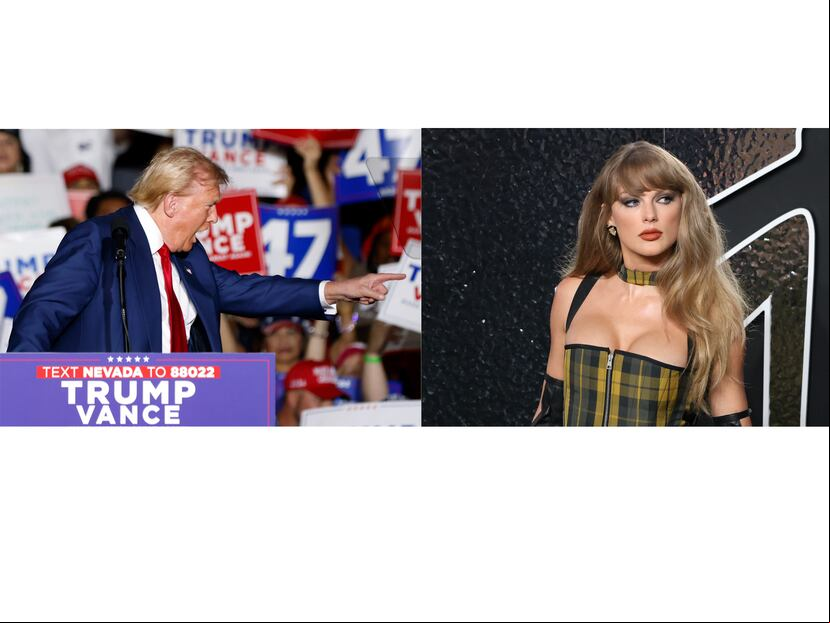 A la izquierda, el candidato republicano a presidente de Estados Unidos, Donald Trump, en un mitin de su campaña y la cantante Taylor Swift, a la izquierda, en la alfombra roja de los MTV Video Music Awards 2024.