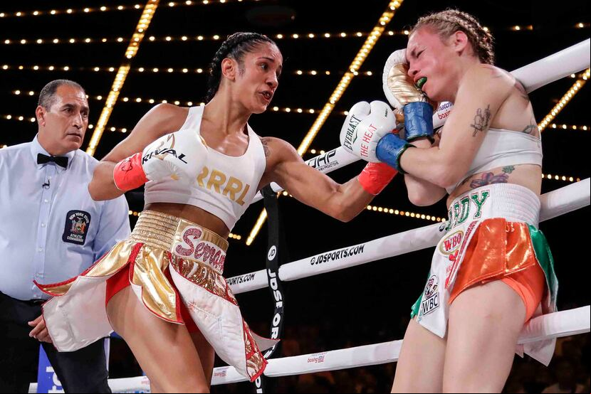 Amanda Serrano, a la izquierda, volverá el jueves al ensogado por primera vez desde septiembre pasado cuando venció a Heather Hardy en Nueva York. (GFR Media)
