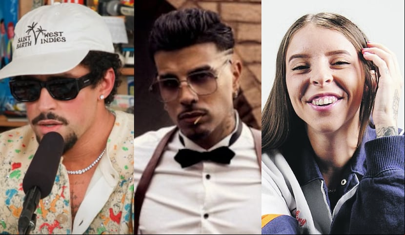 De izquierda a derecha: Bad Bunny, Rauw Alejandro y Young Miko, quienes fueron nominados a los premios American Music Awards del 2025.