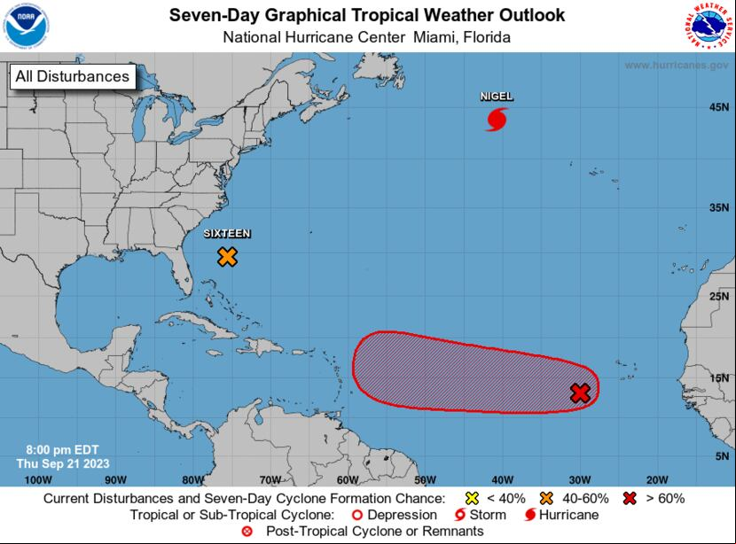 El sistema, que está marcado con una x roja, tiene un 80% de probabilidad de convertirse en una depresión tropical en los próximos siete días.