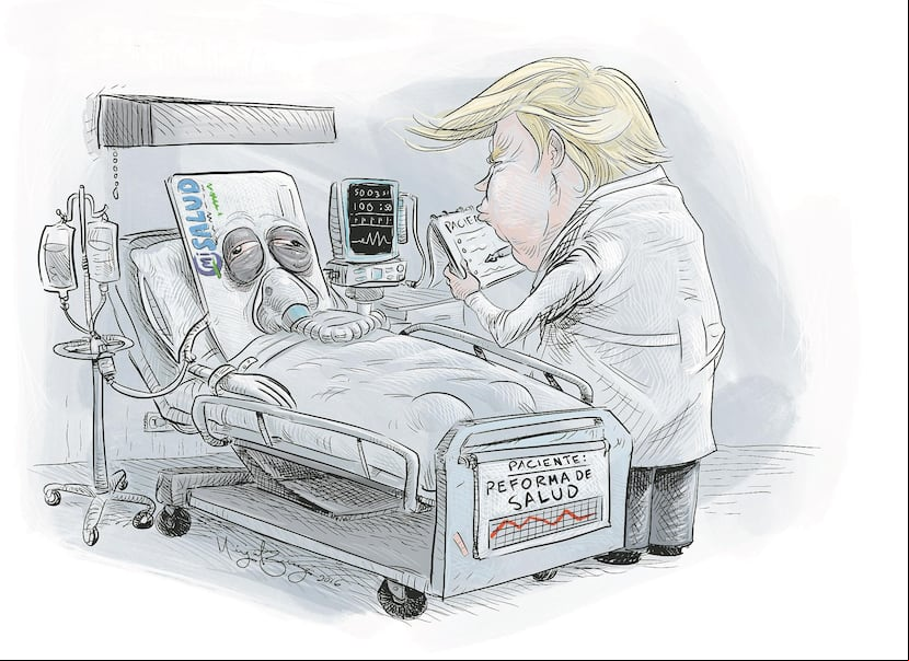Trump tildó el Obamacare de “un desastre” y prometió derogarlo por un reemplazo más costo efectivo. (Ilustración de Miguel Bayón para El Nuevo Día)